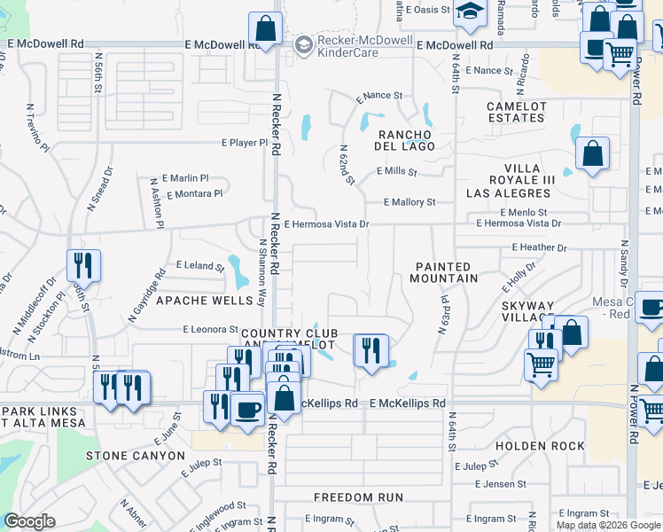 map of restaurants, bars, coffee shops, grocery stores, and more near 18 East Camelot Country Club in Mesa