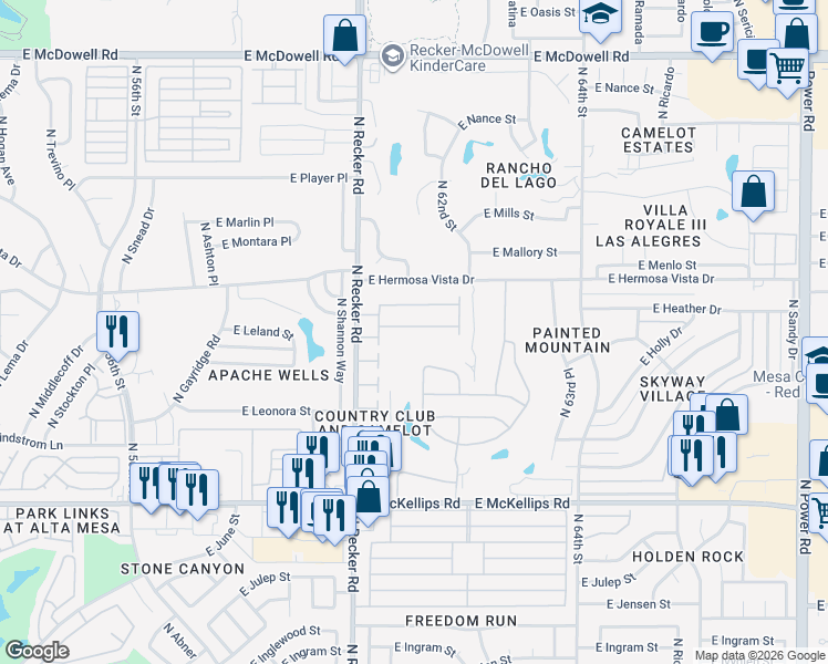 map of restaurants, bars, coffee shops, grocery stores, and more near 18 East Camelot Country Club in Mesa