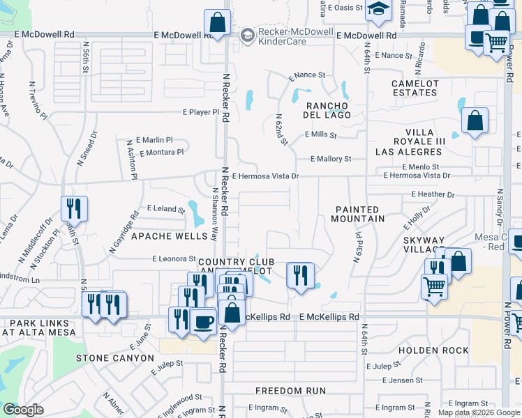 map of restaurants, bars, coffee shops, grocery stores, and more near 18 East Camelot Country Club in Mesa