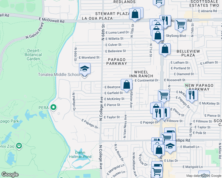 map of restaurants, bars, coffee shops, grocery stores, and more near 351 East Beatryce Street in Tempe