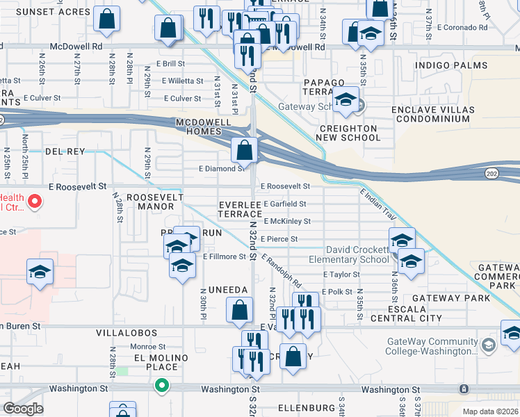 map of restaurants, bars, coffee shops, grocery stores, and more near 3205 East Garfield Street in Phoenix