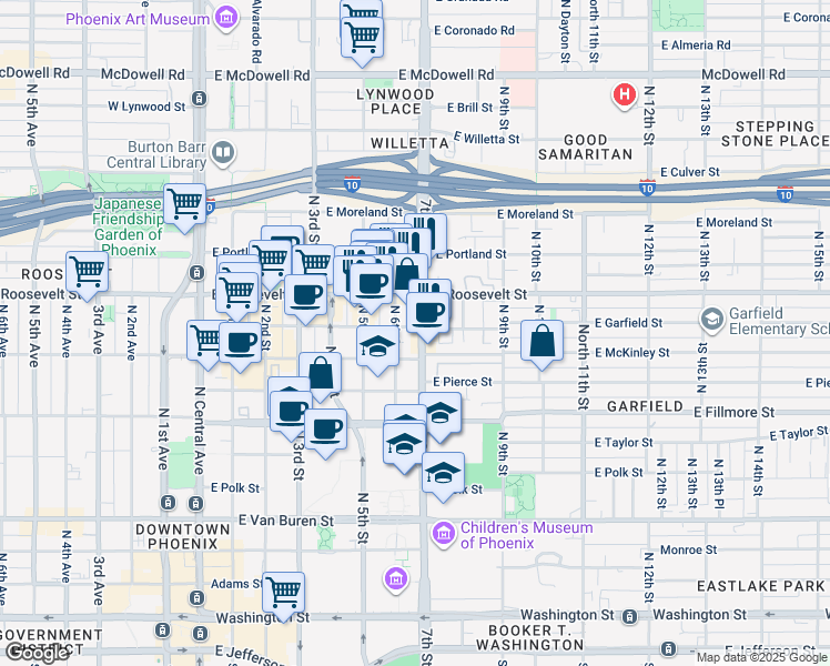 map of restaurants, bars, coffee shops, grocery stores, and more near 710 East Garfield Street in Phoenix