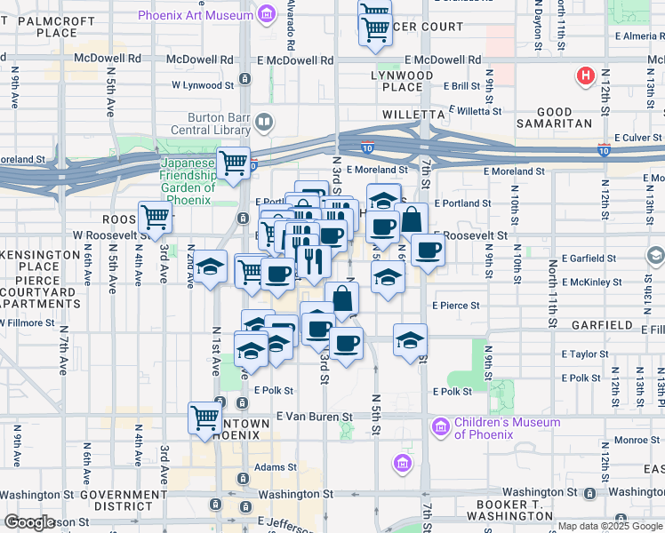 map of restaurants, bars, coffee shops, grocery stores, and more near 821 North 3rd Street in Phoenix