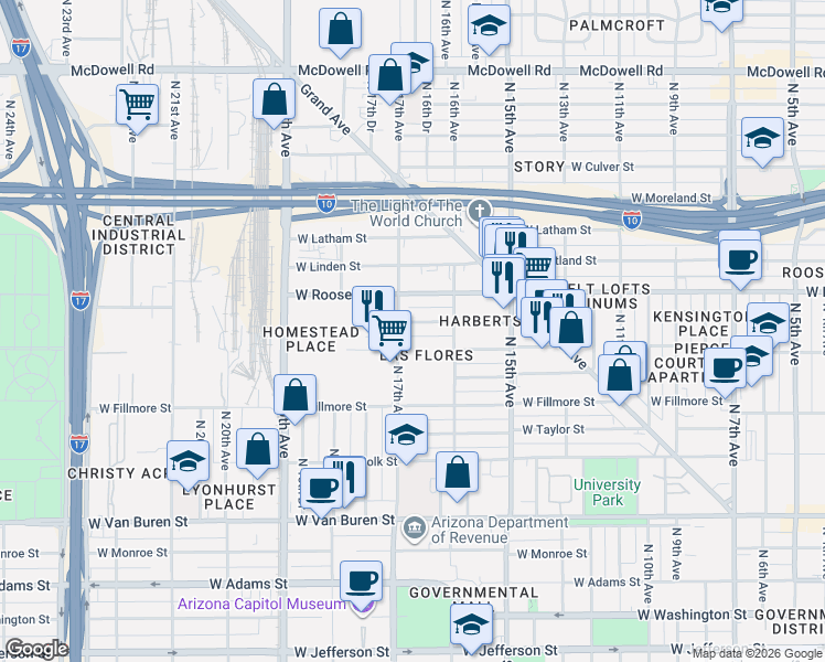 map of restaurants, bars, coffee shops, grocery stores, and more near 1633 West Garfield Street in Phoenix