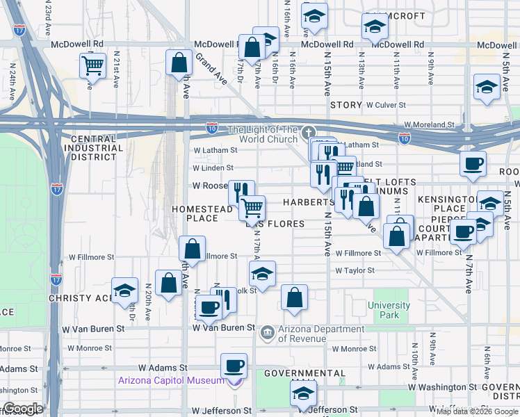 map of restaurants, bars, coffee shops, grocery stores, and more near 1633 West Garfield Street in Phoenix