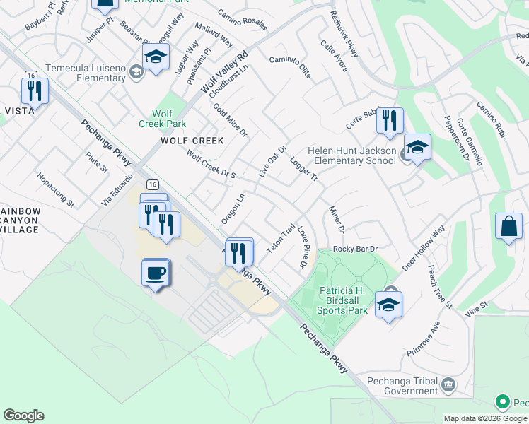 map of restaurants, bars, coffee shops, grocery stores, and more near 31991 Whitetail Lane in Temecula