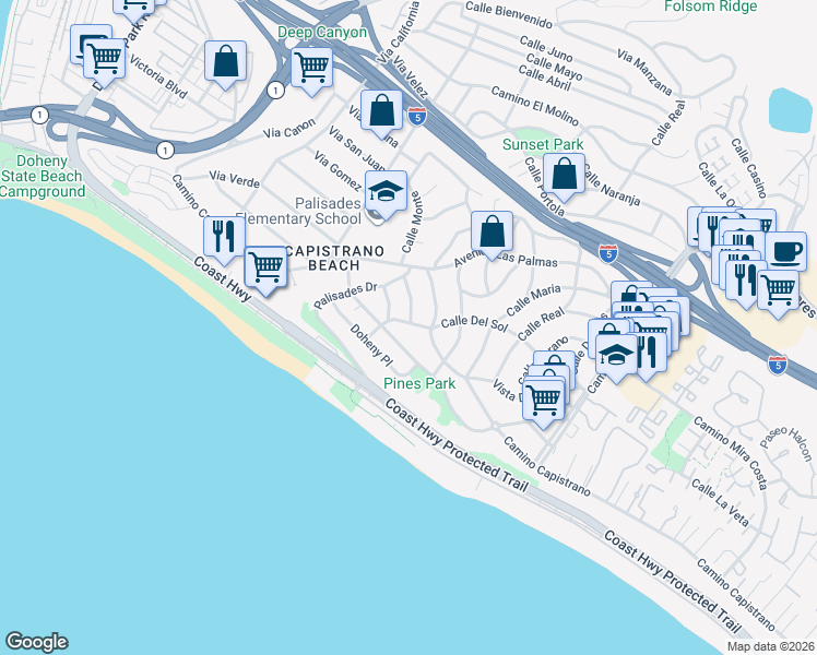 map of restaurants, bars, coffee shops, grocery stores, and more near 34781 Calle Del Sol in Dana Point
