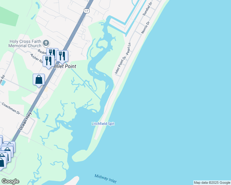 map of restaurants, bars, coffee shops, grocery stores, and more near 1013 Norris Drive in Pawleys Island