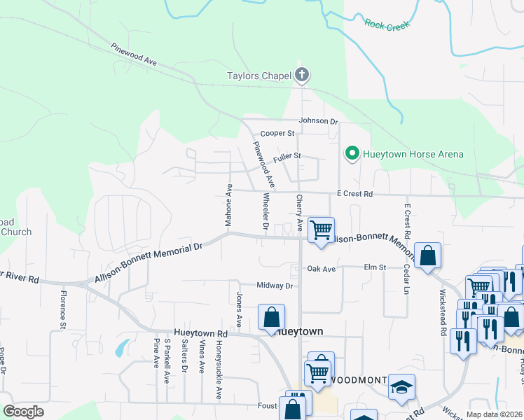 map of restaurants, bars, coffee shops, grocery stores, and more near 102 Wheeler Drive in Hueytown