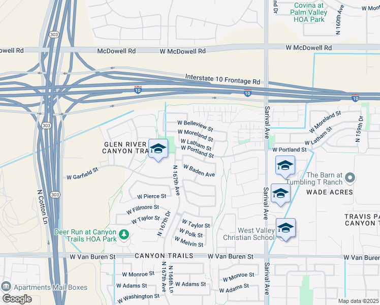 map of restaurants, bars, coffee shops, grocery stores, and more near 16638 West Roosevelt Street in Goodyear