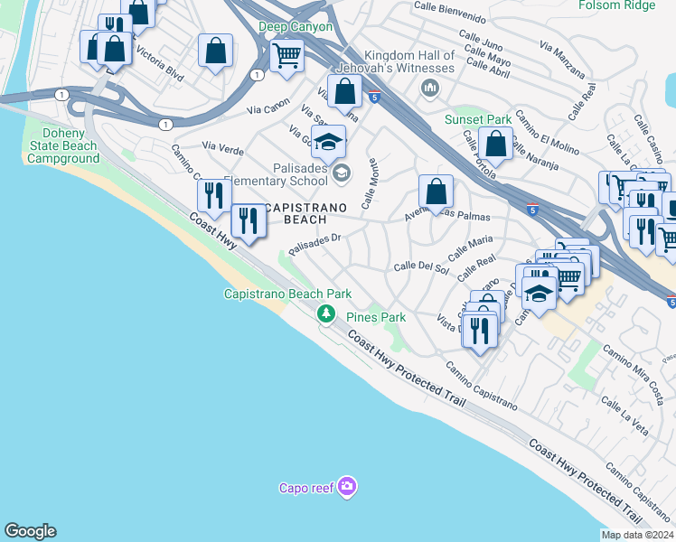 map of restaurants, bars, coffee shops, grocery stores, and more near 34532 Camino Capistrano in Dana Point