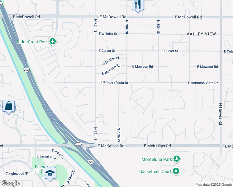 map of restaurants, bars, coffee shops, grocery stores, and more near 2308 North 77th Place in Mesa