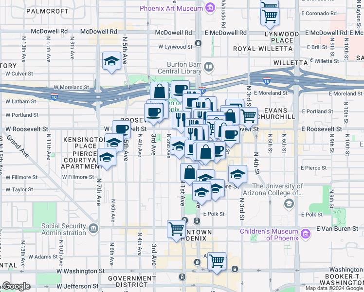 map of restaurants, bars, coffee shops, grocery stores, and more near 802 North 1st Avenue in Phoenix