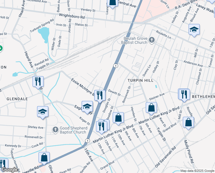 map of restaurants, bars, coffee shops, grocery stores, and more near 1648 15th Street in Augusta
