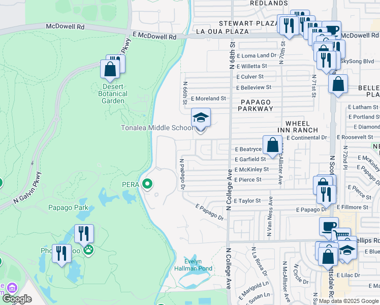 map of restaurants, bars, coffee shops, grocery stores, and more near 6 East Garfield Street in Tempe