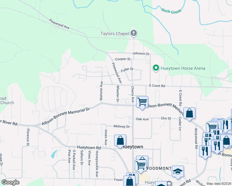 map of restaurants, bars, coffee shops, grocery stores, and more near 102 Wheeler Drive in Hueytown
