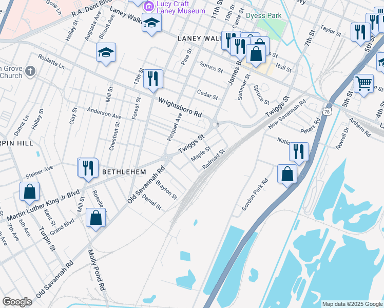 map of restaurants, bars, coffee shops, grocery stores, and more near 1538 Twiggs Street in Augusta