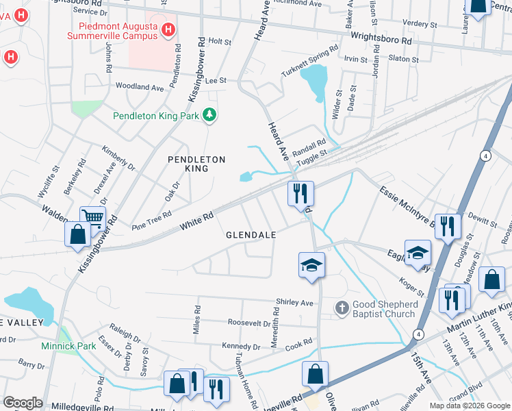 map of restaurants, bars, coffee shops, grocery stores, and more near 1603 Cornell Drive in Augusta