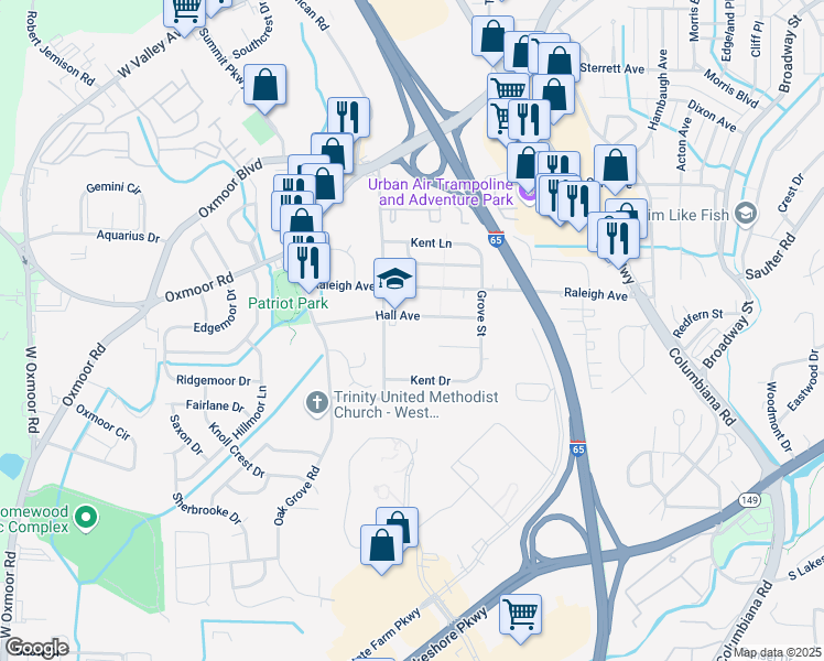 map of restaurants, bars, coffee shops, grocery stores, and more near 213 Hall Avenue in Birmingham