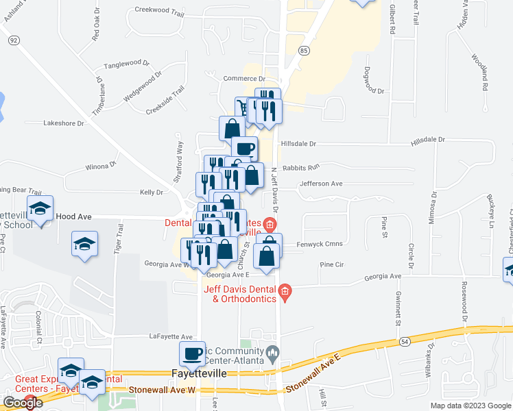 map of restaurants, bars, coffee shops, grocery stores, and more near 38 Intown Pl in Fayetteville