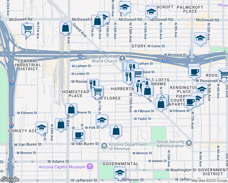 map of restaurants, bars, coffee shops, grocery stores, and more near 1601 West Garfield Street in Phoenix