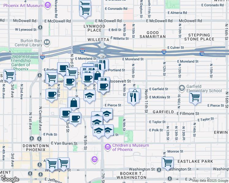 map of restaurants, bars, coffee shops, grocery stores, and more near 805/1 East Garfield Street in Phoenix