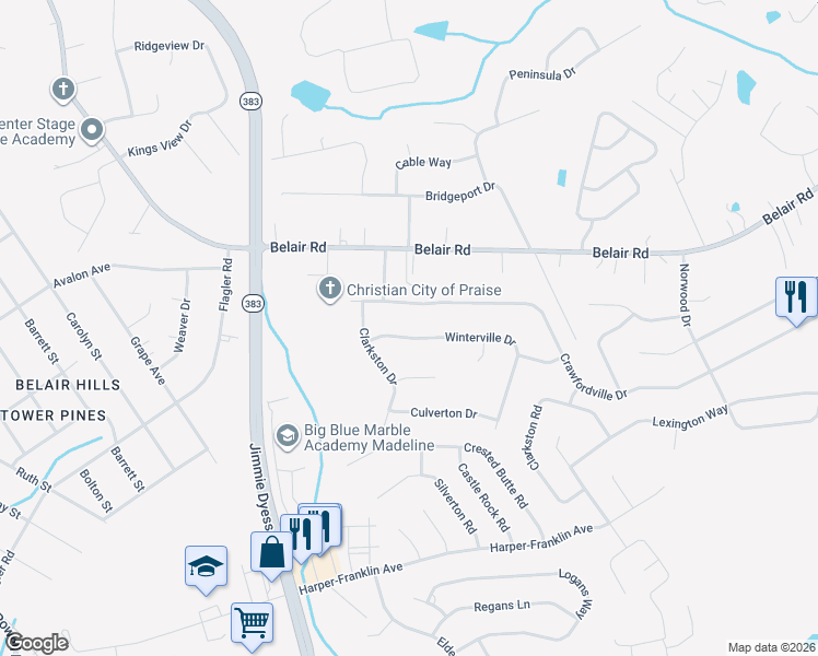 map of restaurants, bars, coffee shops, grocery stores, and more near 2511 Winterville Drive in Augusta