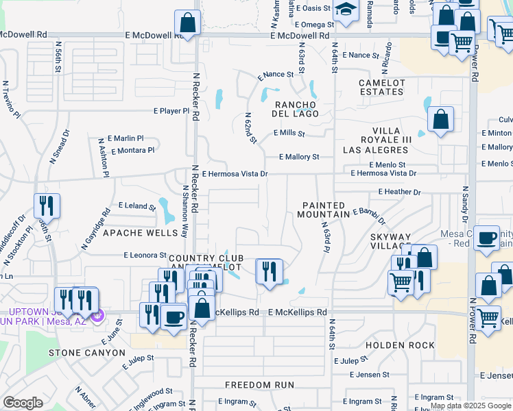 map of restaurants, bars, coffee shops, grocery stores, and more near 29 East Camelot Country Club in Mesa