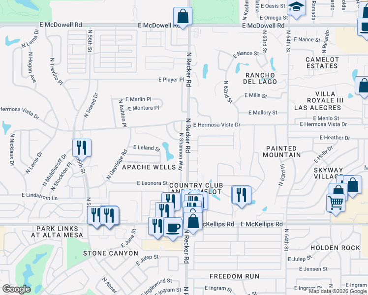 map of restaurants, bars, coffee shops, grocery stores, and more near 2308 North Shannon Way in Mesa