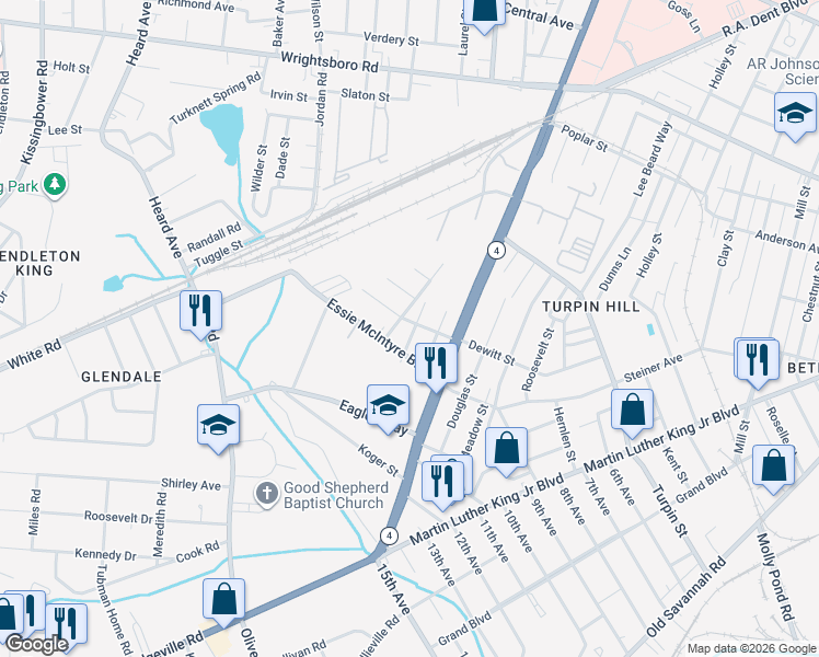 map of restaurants, bars, coffee shops, grocery stores, and more near 1706 Garlington Avenue in Augusta