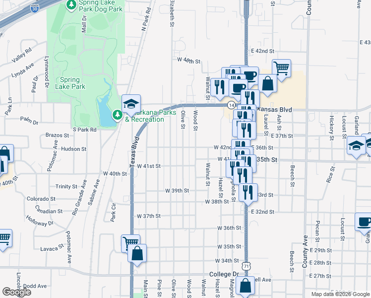 map of restaurants, bars, coffee shops, grocery stores, and more near 4120 Olive Street in Texarkana