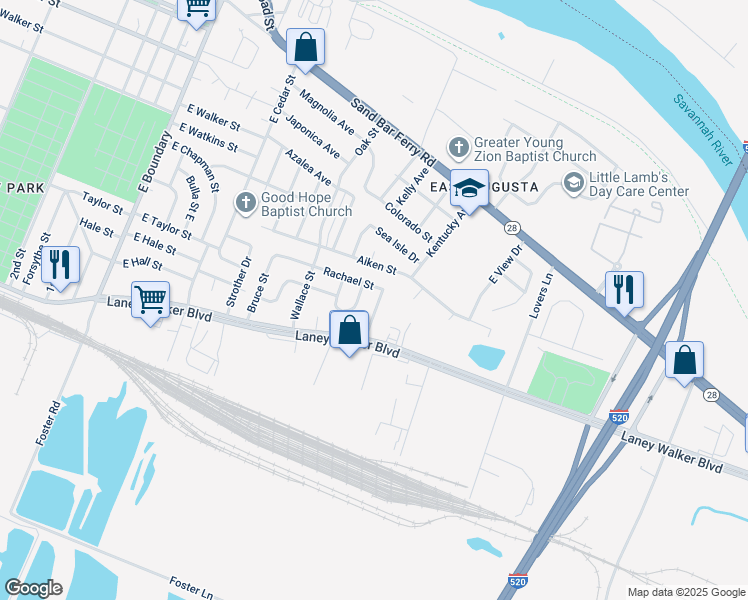 map of restaurants, bars, coffee shops, grocery stores, and more near 1309 Cherry Avenue in Augusta