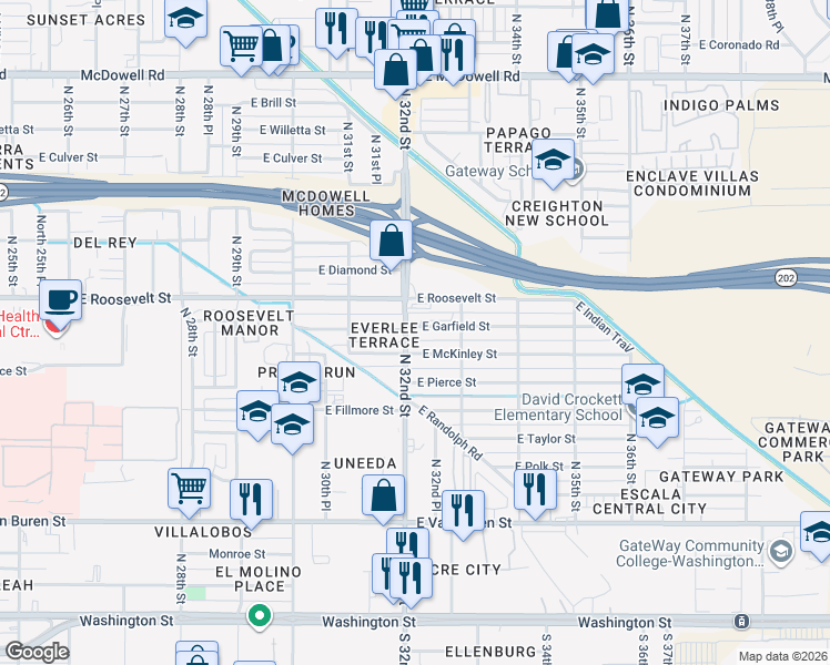 map of restaurants, bars, coffee shops, grocery stores, and more near 3205 East Garfield Street in Phoenix