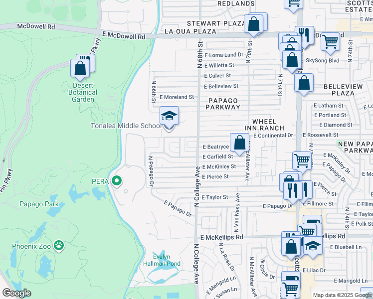 map of restaurants, bars, coffee shops, grocery stores, and more near 203 East Beatryce Street in Tempe