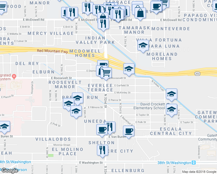 map of restaurants, bars, coffee shops, grocery stores, and more near 3205 East Garfield Street in Phoenix