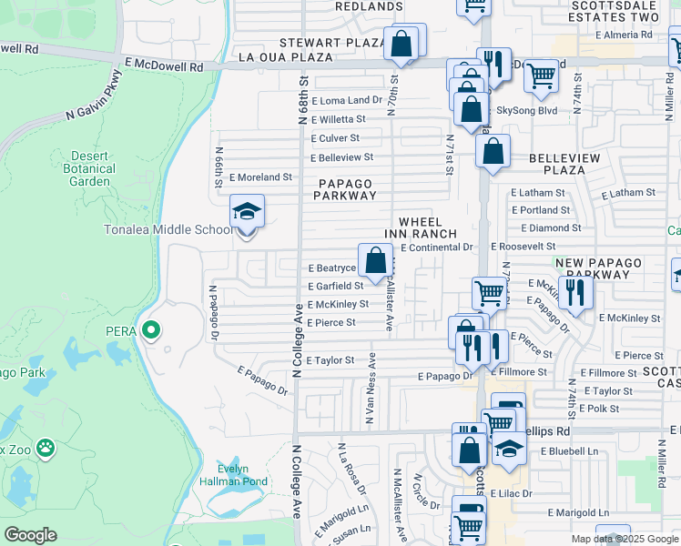 map of restaurants, bars, coffee shops, grocery stores, and more near 351 East Beatryce Street in Tempe