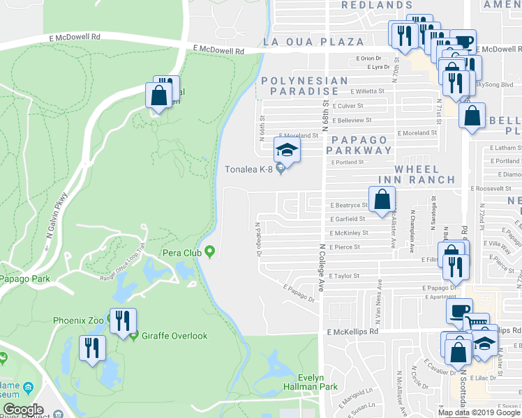 map of restaurants, bars, coffee shops, grocery stores, and more near 6 East Garfield Street in Tempe