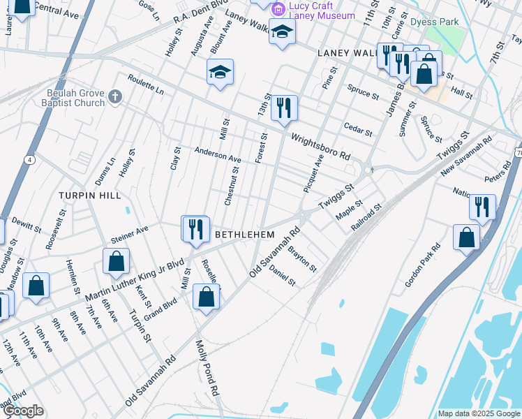 map of restaurants, bars, coffee shops, grocery stores, and more near 1613 12th Street in Augusta