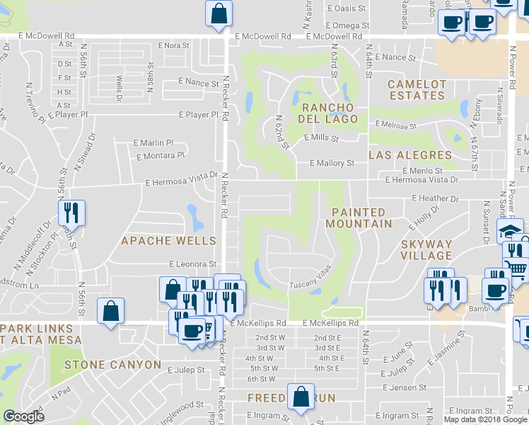 map of restaurants, bars, coffee shops, grocery stores, and more near 18 East Camelot Country Club in Mesa