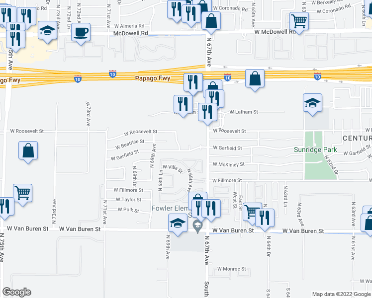 map of restaurants, bars, coffee shops, grocery stores, and more near 802 North 67th Lane in Phoenix