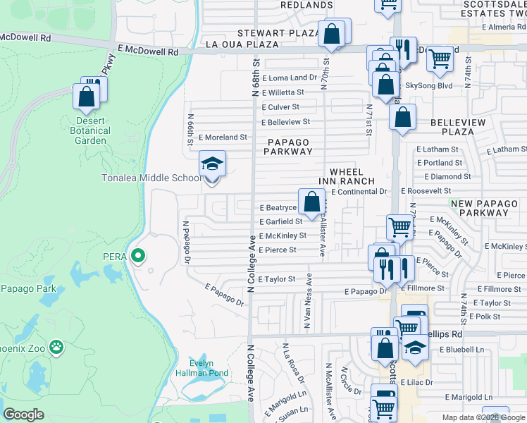 map of restaurants, bars, coffee shops, grocery stores, and more near 317 East Beatryce Street in Tempe