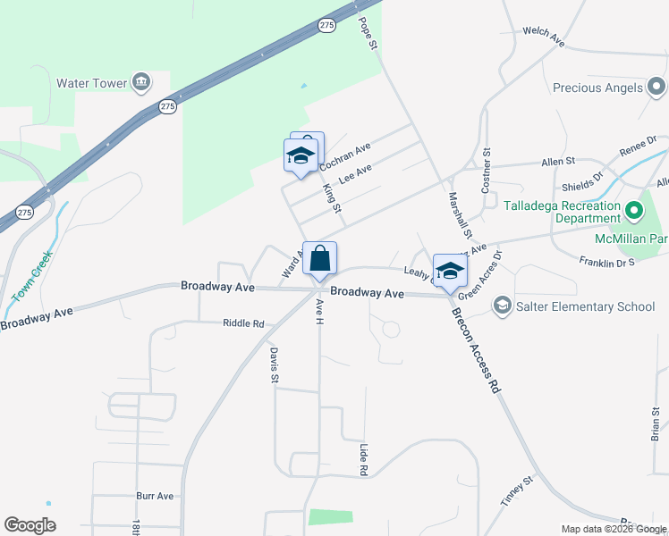 map of restaurants, bars, coffee shops, grocery stores, and more near 511 Leahy Circle in Talladega