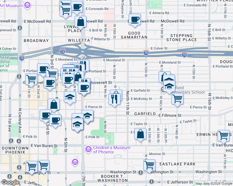 map of restaurants, bars, coffee shops, grocery stores, and more near 1001 East Garfield Street in Phoenix
