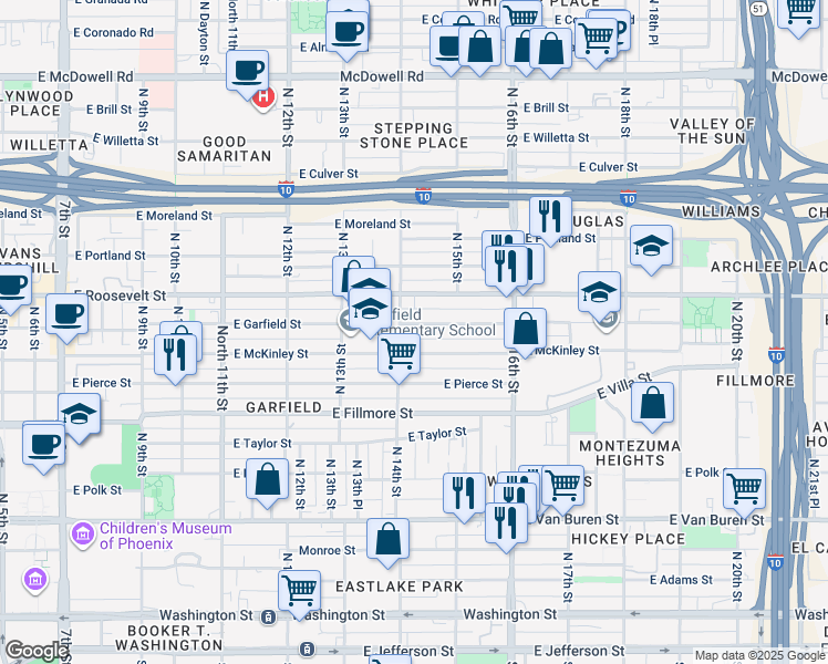 map of restaurants, bars, coffee shops, grocery stores, and more near 1409 East Garfield Street in Phoenix