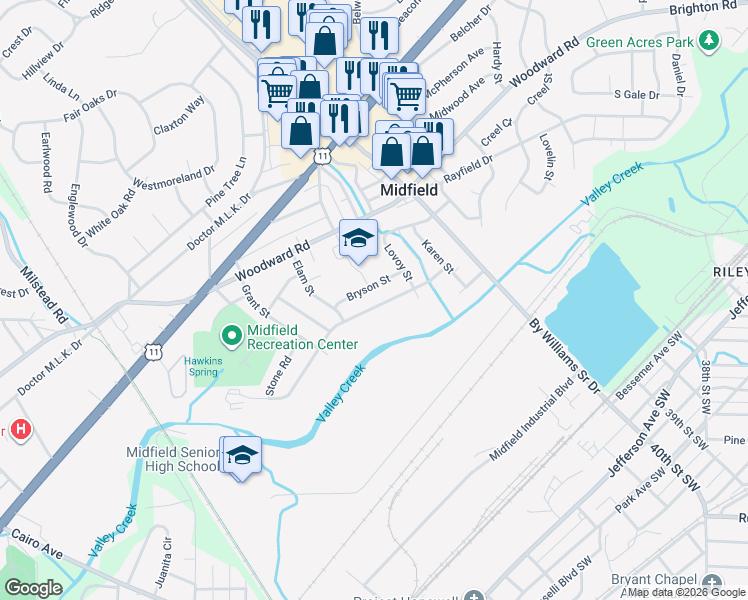 map of restaurants, bars, coffee shops, grocery stores, and more near 1624 Collier Drive in Birmingham
