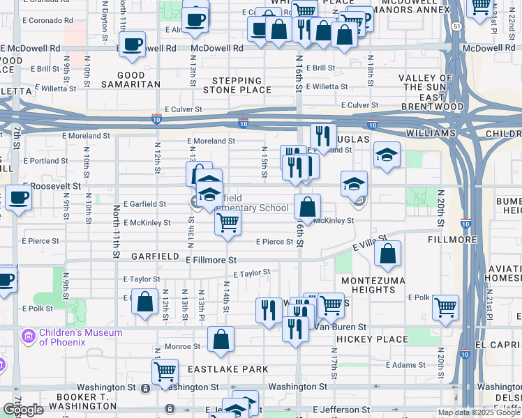 map of restaurants, bars, coffee shops, grocery stores, and more near 1445 East Garfield Street in Phoenix