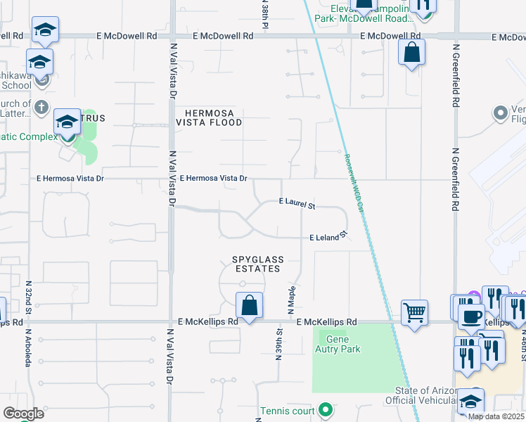 map of restaurants, bars, coffee shops, grocery stores, and more near 3843 East Laurel Street in Mesa