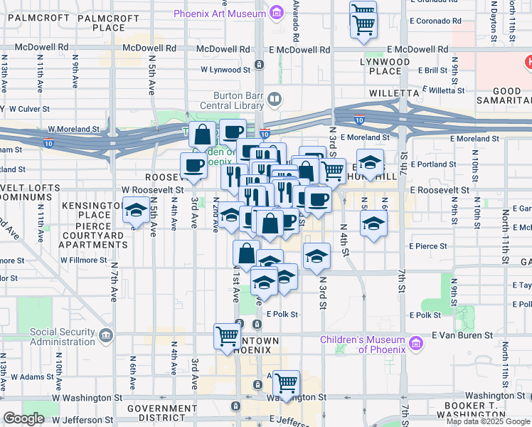 map of restaurants, bars, coffee shops, grocery stores, and more near 814 North Central Avenue in Phoenix