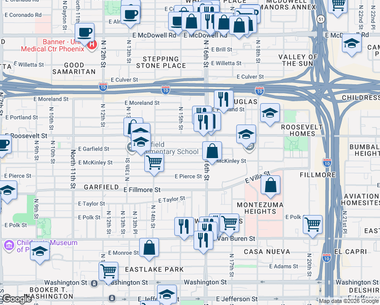 map of restaurants, bars, coffee shops, grocery stores, and more near 1533 East Garfield Street in Phoenix