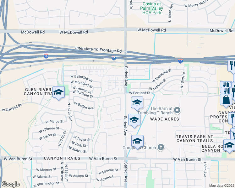 map of restaurants, bars, coffee shops, grocery stores, and more near in Goodyear